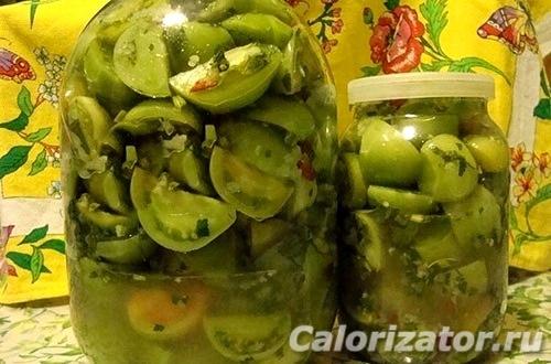 Сколько калорий содержится в салате из зеленых помидоров с зеленью и чесноком. Салат из зеленых помидор консервированный
